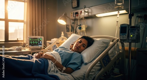 A young woman lies in a hospital bed,  showing concern.  Sunlight streams into the room.  Medical equipment is visible