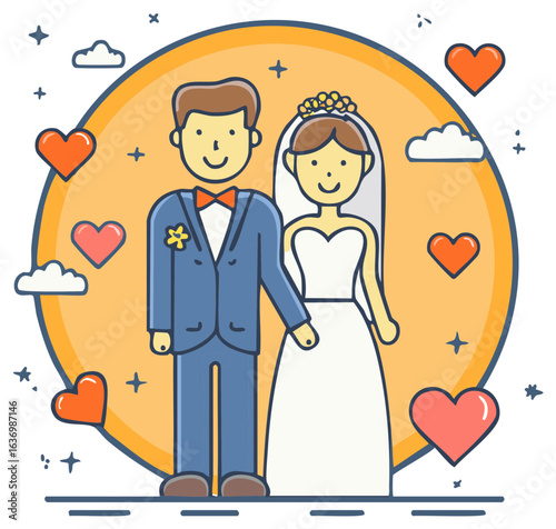 Happy cartoon wedding couple a bride and groom standing together surrounded by romantic hearts