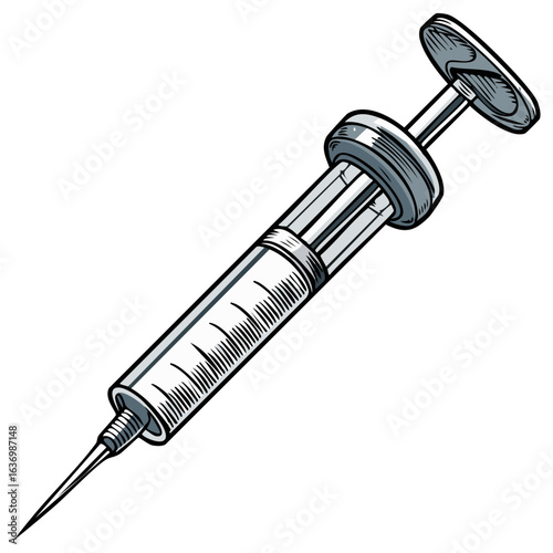 Medical syringe with needle in detailed engraving style for healthcare and treatment concepts