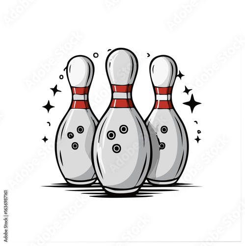 Cartoon illustration of three sparkling bowling pins with red stripes