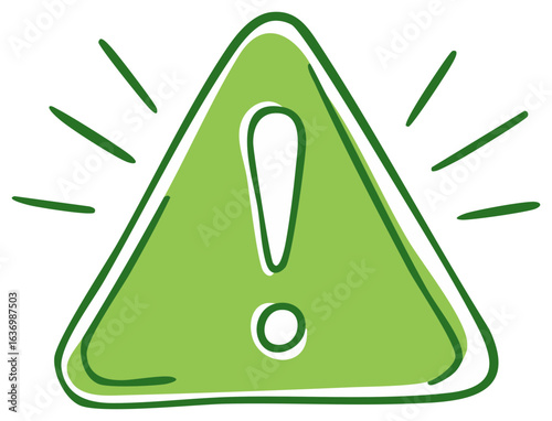 Hand-Drawn green triangle hazard sign with exclamation mark depicts danger