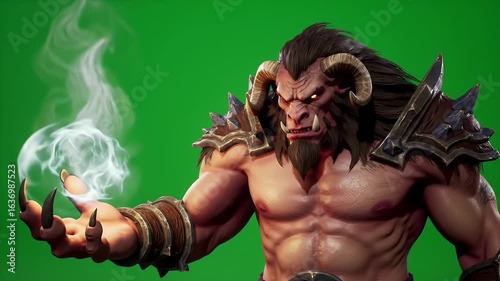 Fearsome Muscular Fantasy Creature with Curled Horns and Glowing Eyes Levitating Smoky Energy on Green Screen Shows Immense Power Perfect for Compositing Characters in Digital Art and Animation