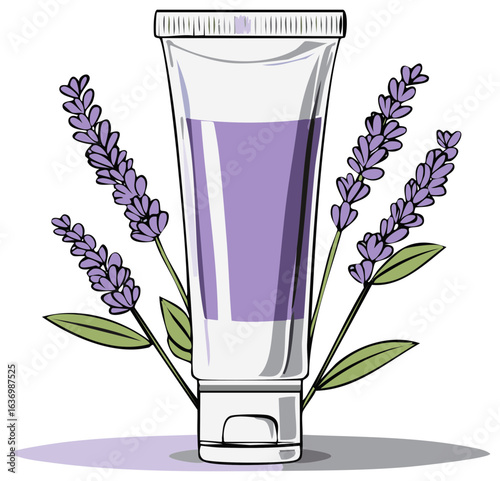 Elegant tube of lavender lotion with aromatic purple flowers for skin care