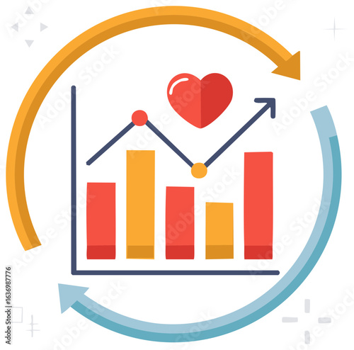Health analytics and customer satisfaction metrics icon with bar chart graph and heart for continuous improvement