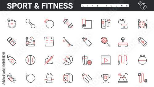 Fitness gym equipment for healthy sport exercise and nutrition thin red and black line icons set vector illustration. Abstract cardio training, bodybuilding with dumbbell gear, weight loss program