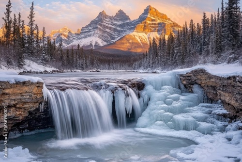 A serene winter scene with a waterfall flowing into icy waters, set against snow-covered mountains and a vibrant sunrise.