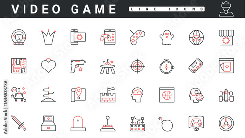 Video game, leisure and entertainment thin red and black line icons set vector illustration. Abstract puzzle, RPG, shooter genres for digital PC videogame, portable gadgets and controllers collection