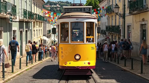 Wallpaper Mural Lisbons iconic yellow tram cruises cobblestone street Torontodigital.ca