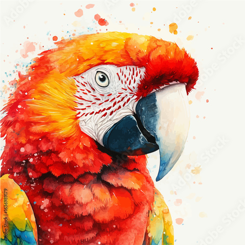 Scarlet Macaw, watercolor drawing vector, isolated on a white background.