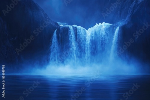 A stunning blue waterfall cascading into a tranquil lake surrounded by dark, rocky mountains, creating a mystical atmosphere.