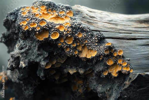 Wallpaper Mural A close-up shows orange lichen colonies and tiny gray spores forming on a weathered, decaying piece of wood. Torontodigital.ca