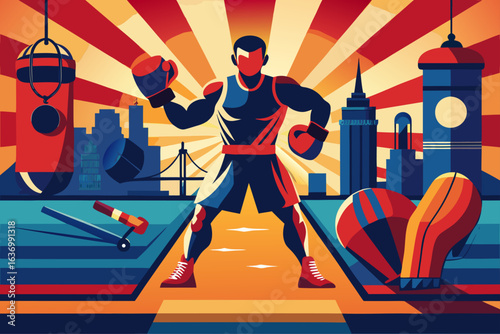 Boxer Standing Ready in Stylized Cityscape
