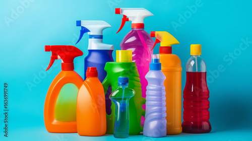 Colorful Household Cleaning Product Bottles with Spray and Detergent Containers on Blue Background