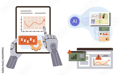 Robotic hands interact with a tablet displaying data and charts. Nearby AI dashboard, alerts on computer screens. Ideal for AI, automation, robotics, data analytics, innovation, technology simple