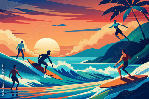 Surfers Riding Waves at Sunset Tropical Beach