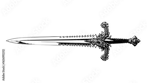 Silver medieval sword with dragon head guard and serrated blade