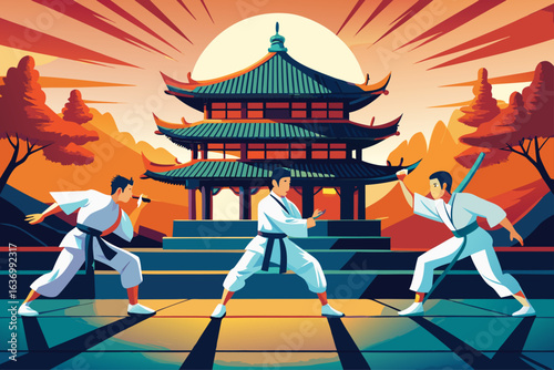 Three Martial Artists Training in Front of Japanese Temple