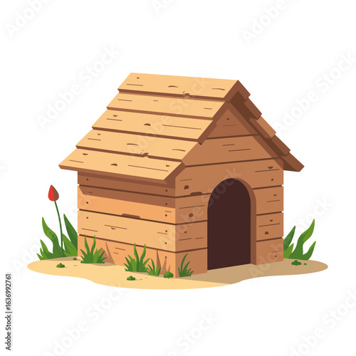 Stylish wooden doghouse with grass and a flower in a simple design against a light background
