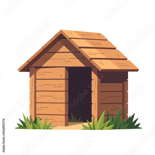 Playful wooden doghouse with green grass and an open entrance in a light background
