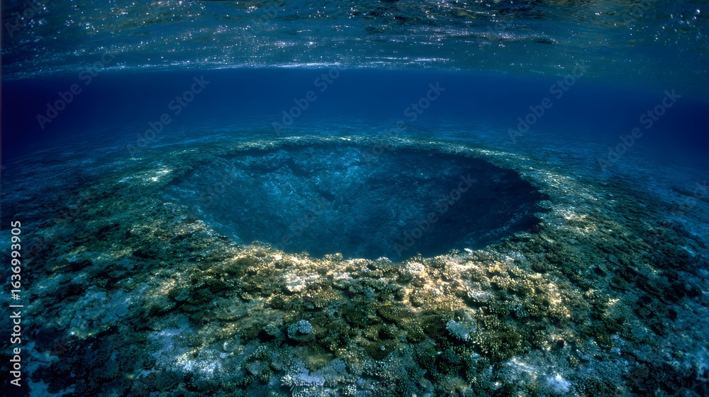 Obraz premium Underwater crater with coral formations.