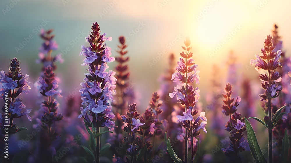 Obraz premium Purple flowers in a field at sunrise.