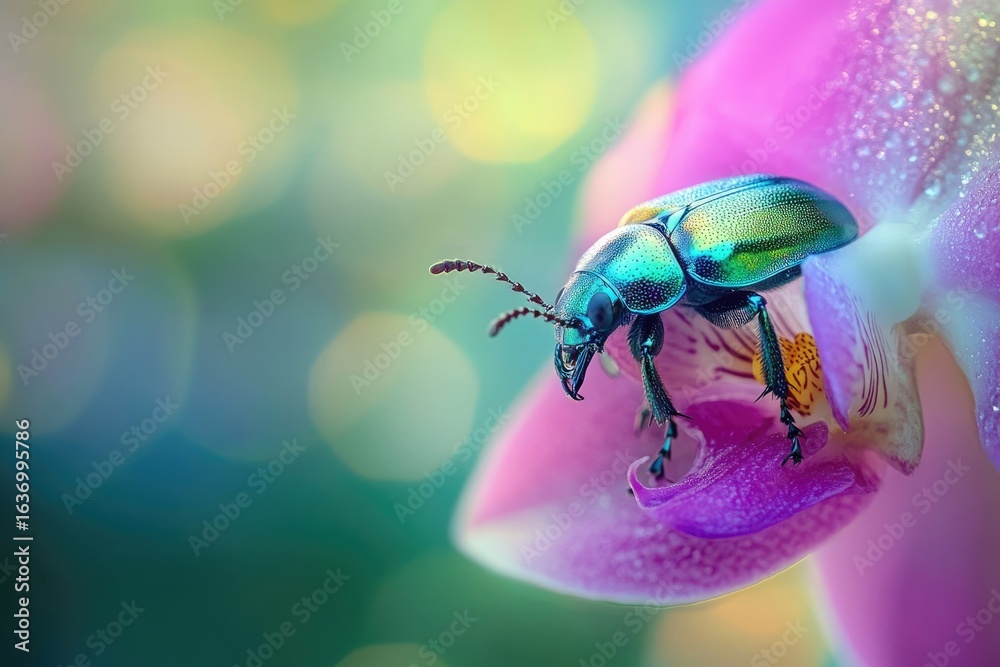 Fototapeta premium Iridescent beetle sits elegantly on a vibrant orchid petal, bathed in soft, dreamy light against a bokeh background.
