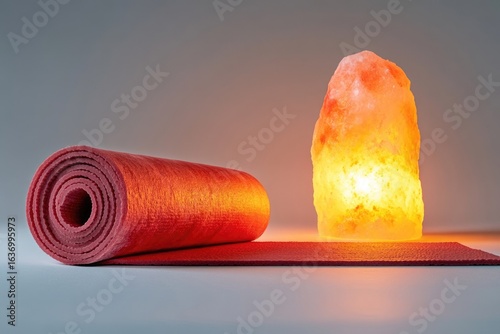 Rolled yoga mat placed beside a Himalayan salt lamp emitting a warm, therapeutic glow.