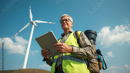 Low angle view of senior environmentalist with tablet standing near wind turbine.