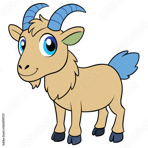 Cute cartoon goat with blue horns isolated on white background