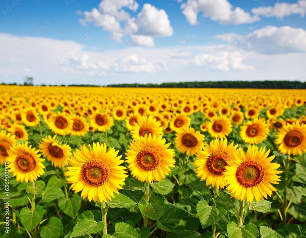 Fototapeta premium Vibrant Sunflower Field Under Blue Sky with Sunlight Agricultural Landscape
