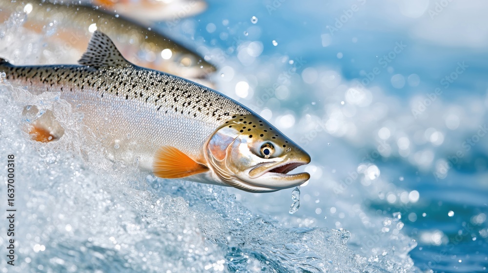 High angle view of a female salmon jumping up a waterfall to spawn High angle view of a female salmon jumping up a waterfall to spawn