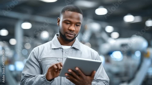Technician using tablet to manage robotic production line with AI analytics in advanced manufacturing plant robotic production, AI analytics, factory automation, smart manufacturin