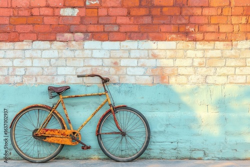 A rusty bicycle is leaning against a colorful brick wall, showing signs of age and wear.