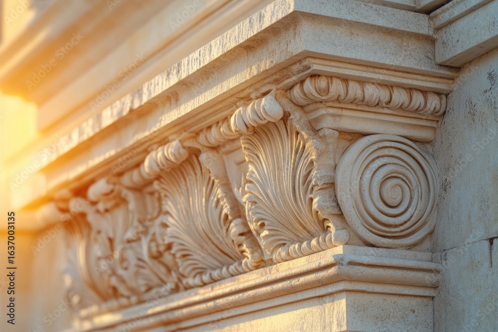Naklejka premium A close-up captures the intricate detailing of a classical stone architectural element, bathed in warm sunlight, showcasing leaf and spiral motifs.