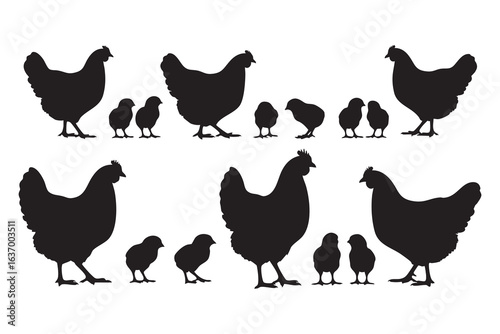 Black Silhouette of Hens and Chicks in Two Rows on White Background chicken baby chicken