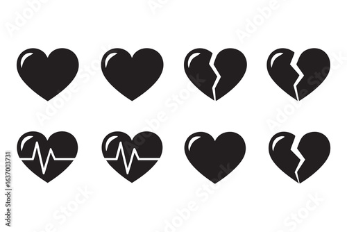 Eight Black Silhouette Heart Icons Including Broken and EKG Designs on White love emotion