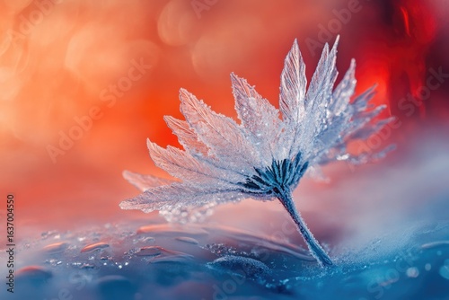 A delicate flower covered in frost, resting on a reflective surface with vibrant orange and blue tones.