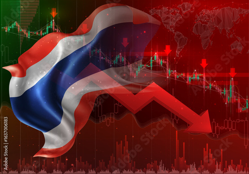 Thailand, vector 3d flag financial exchange trend down