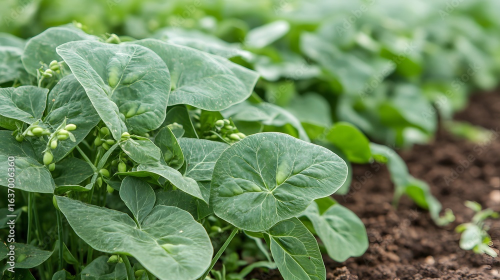 Obraz premium Vibrant Green Pea Plants Growing in Rows, Fresh Garden Produce