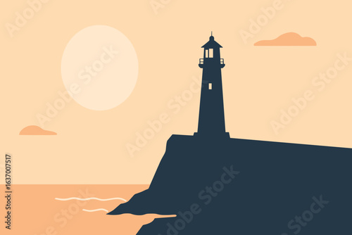 A serene lighthouse stands sentinel upon a rocky precipice, guiding ships safely home under a tranquil sunset sky.