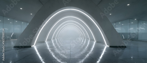 Wallpaper Mural Futuristic white neon light tunnel. Empty modern long corridor architectural design for interior backdrop. Technology progress concept. Torontodigital.ca