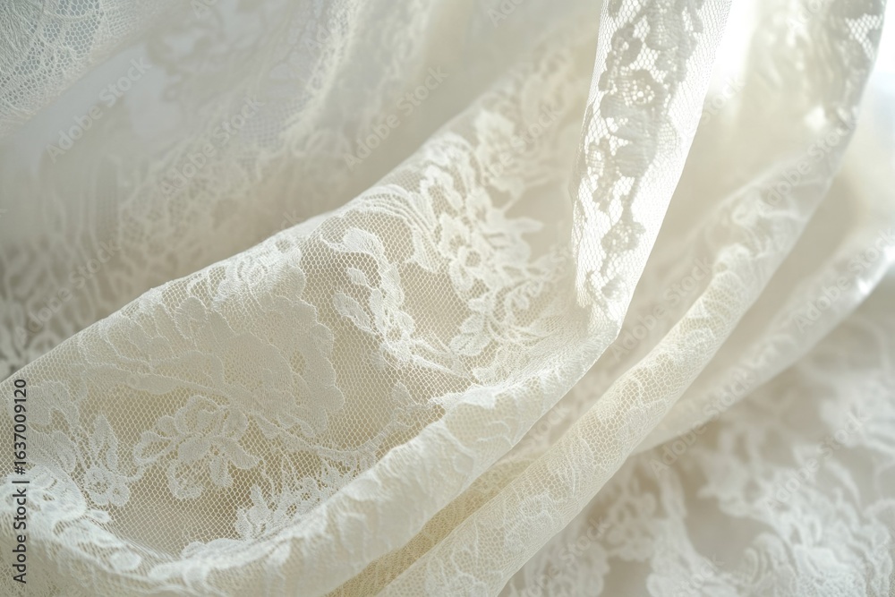 Obraz premium Close-up shot of delicate, flowing white lace fabric with floral patterns, creating a soft, elegant, and romantic textile.