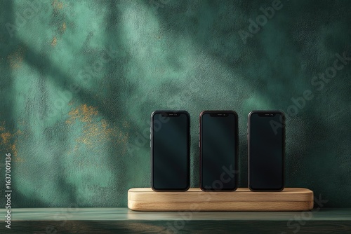 Three smartphones stand vertically on a wooden platform against a textured green wall with leaf shadows.