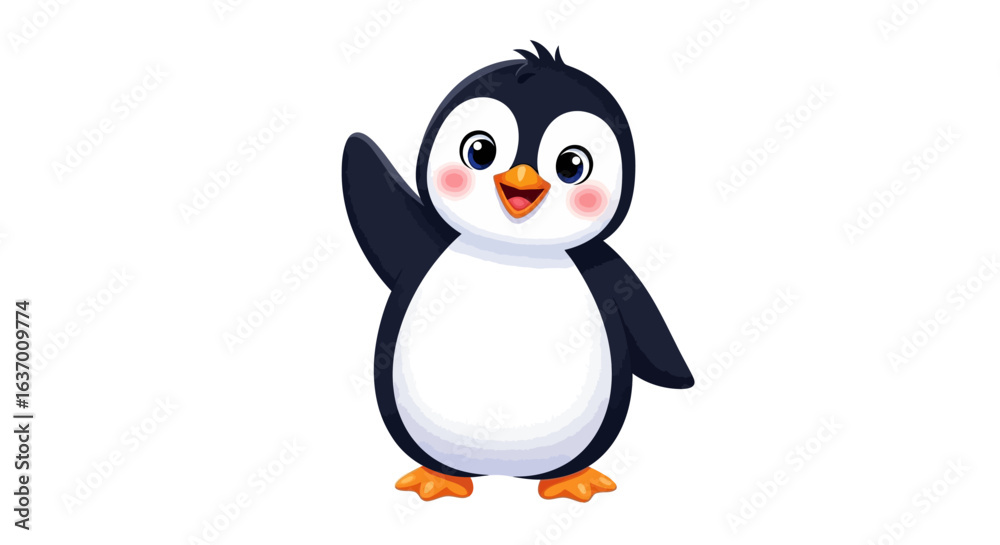Fototapeta premium A Cute Cartoon Penguin Character Waving Its Wing Hello in a Friendly Manner Illustrating a Whimsical Arctic Animal for Children's Entertainment and Educational Content
