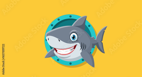 Friendly cartoon shark with a big smile peeking out of a porthole on a yellow background
