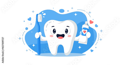 An Adorable Cartoon Tooth Holding a Toothbrush and Toothpaste Promotes Healthy Dental Habits for Children