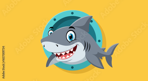 Friendly cartoon shark with a big smile peeking out of a porthole on a yellow background
