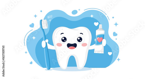 An Adorable Cartoon Tooth Holding a Toothbrush and Toothpaste Promotes Healthy Dental Habits for Children