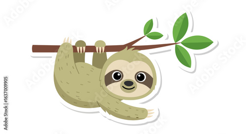 Adorable Cartoon Sloth Hanging from a Tree Branch with Green Leaves Capturing Its Slow and Relaxed Nature in a Whimsical Illustration