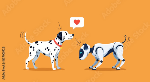 Dalmatian dog shows affection towards a friendly robot dog with a heart symbol indicating love and connection between artificial intelligence and living creatures in a colorful background